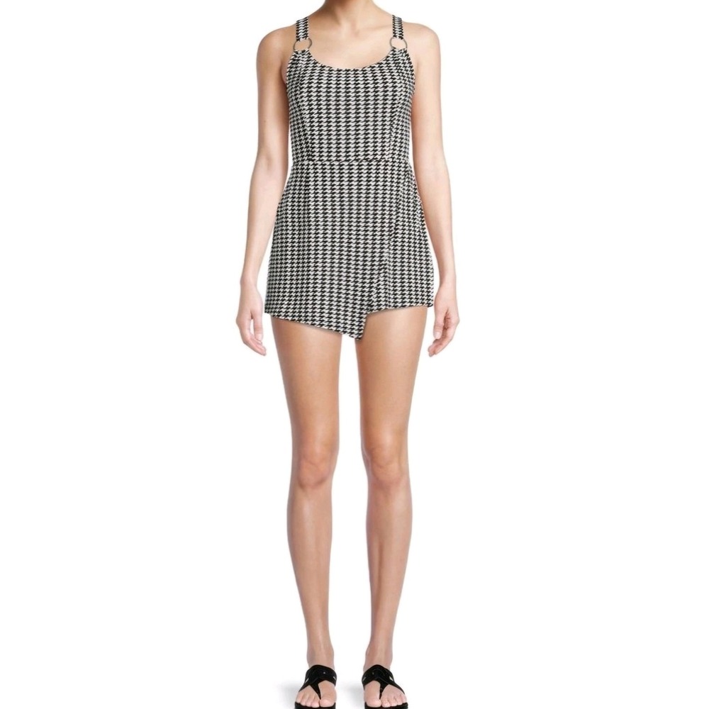 No Boundaries Houndstooth Romper Black White O-Ring Skort Jumpsuit Womens S 3-5